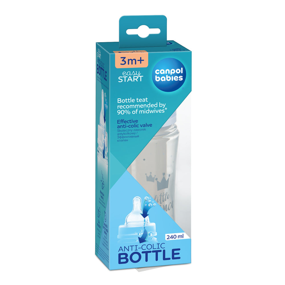 Canpol babies széles nyakú anti-kólikás cumisüveg ROYAL BABY 240ml kék