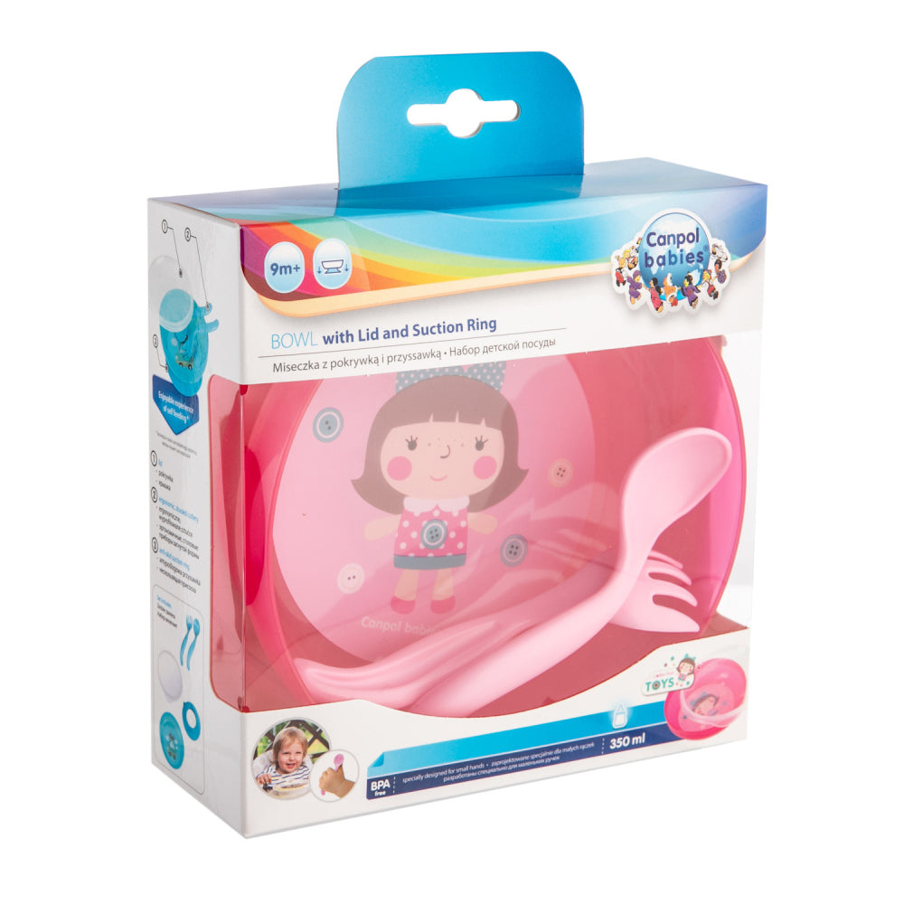 Canpol babies műanyag csúszásmentes tál evőeszközökkel és fedővel 350 ml TOYS