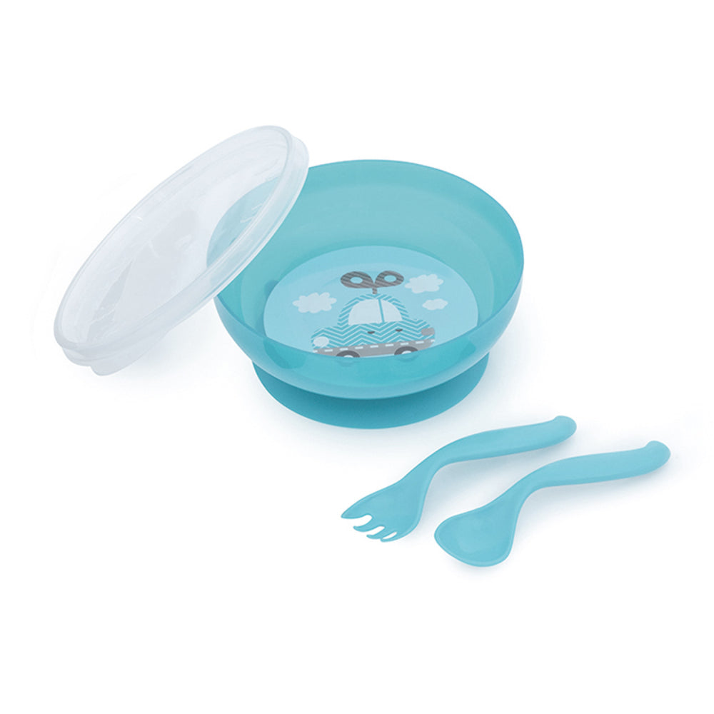 Canpol babies műanyag csúszásmentes tál evőeszközökkel és fedővel 350 ml TOYS