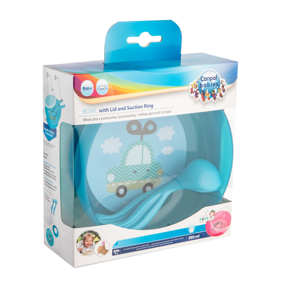 Canpol babies műanyag csúszásmentes tál evőeszközökkel és fedővel 350 ml TOYS