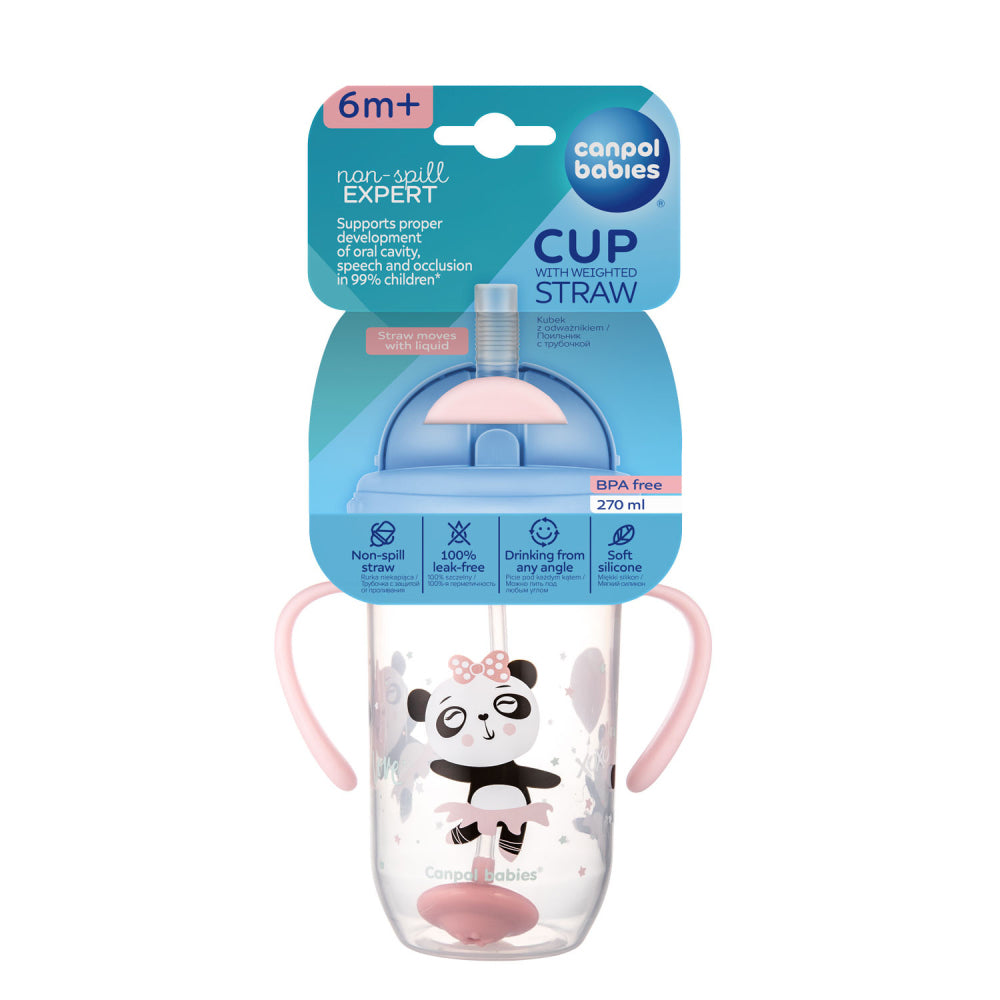 Canpol babies Súlyozott szívószálas itatópohár EXOTIC ANIMALS 270ml rózsaszín