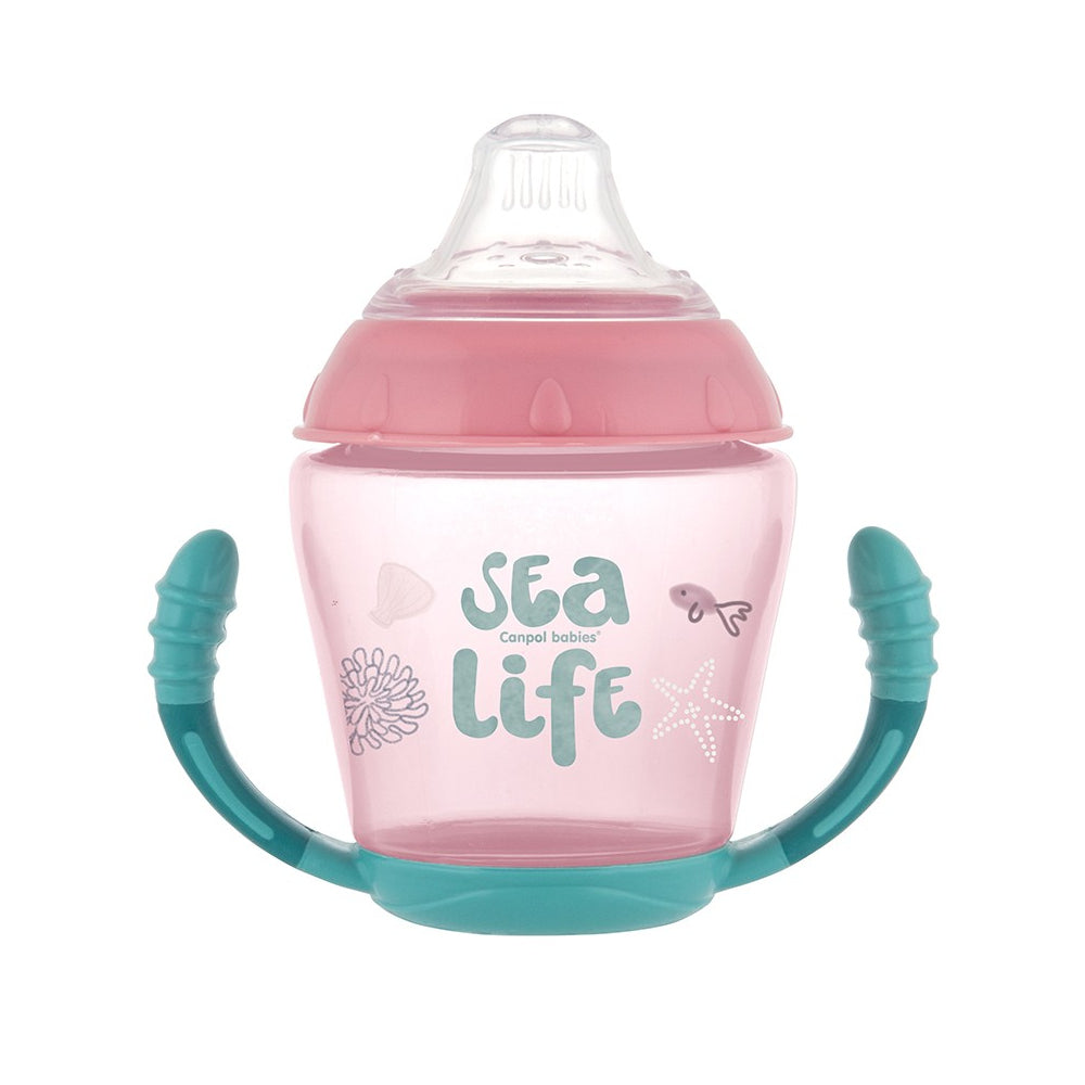 Canpol babies Csöpögésmentes itatópohár szilikon ivócsőrrel SEA LIFE 230ml rózsaszín