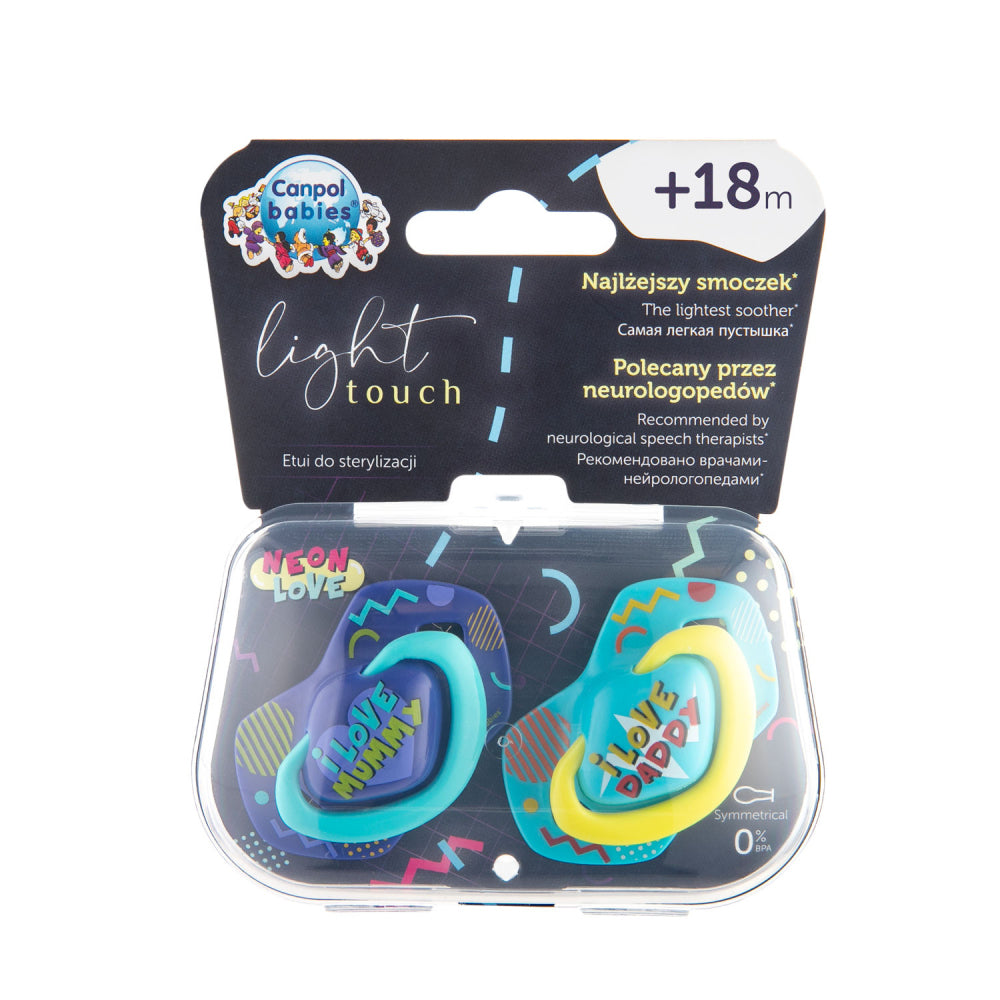 Canpol babies szimmetrikus szilikoncumi-készlet Light touch 18m+ NEON LOVE 2 db