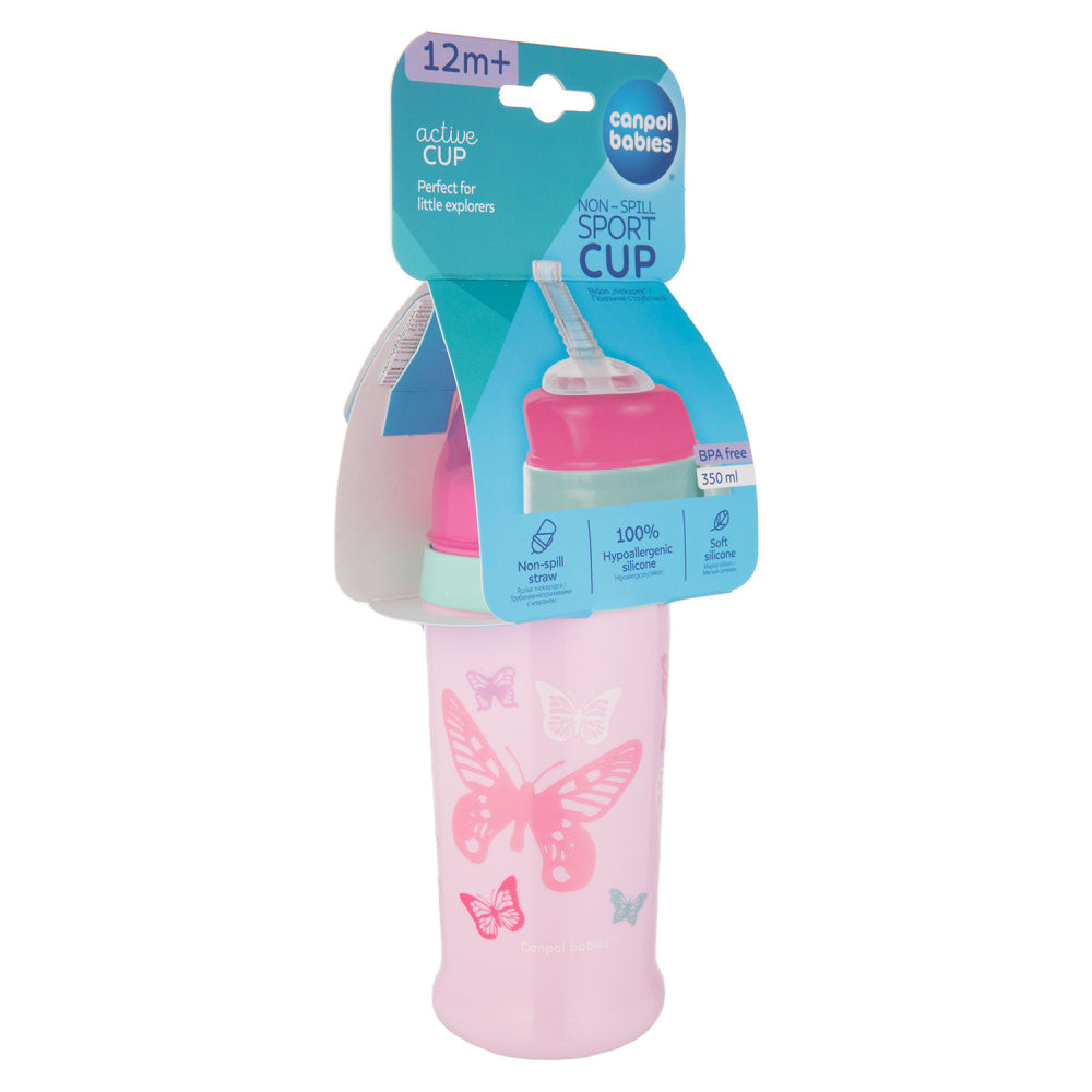 Canpol babies BUTTERFLY 350ml cseppmentes itatópohár szilikon szívószállal, rózsaszín