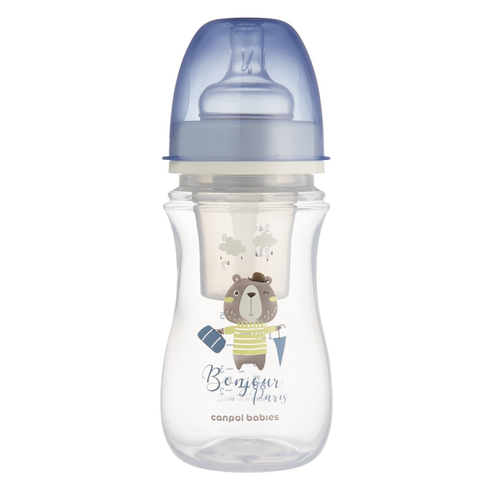 Canpol babies széles nyakú anti-kólikás cumisüveg BONJOUR PARIS 240ml kék