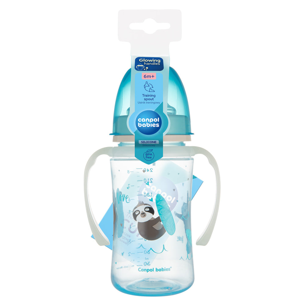 Canpol babies Szilikon ivócsőrős tanulópohár világító fogantyúval EXOTIC ANIMALS 240ml kék