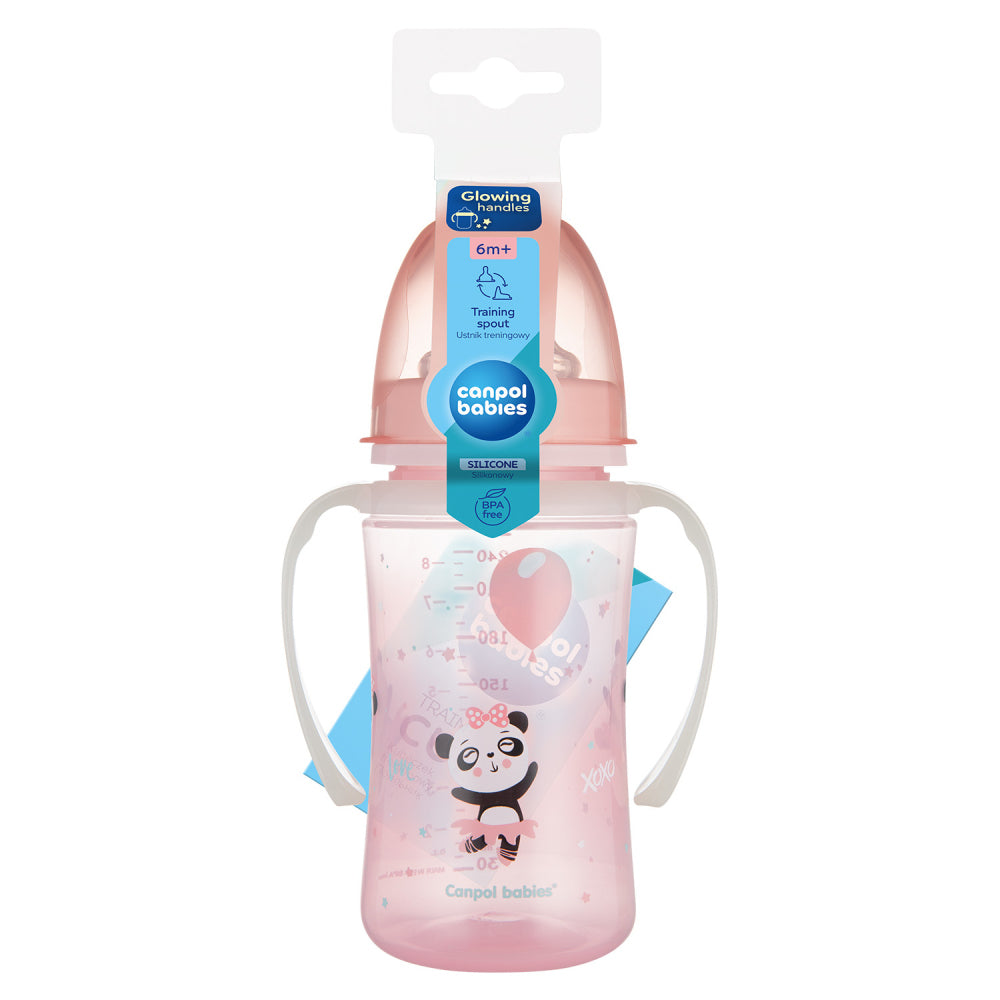 Canpol babies Szilikon ivócsőrős tanulópohár világító fogantyúval EXOTIC ANIMALS 240ml pink
