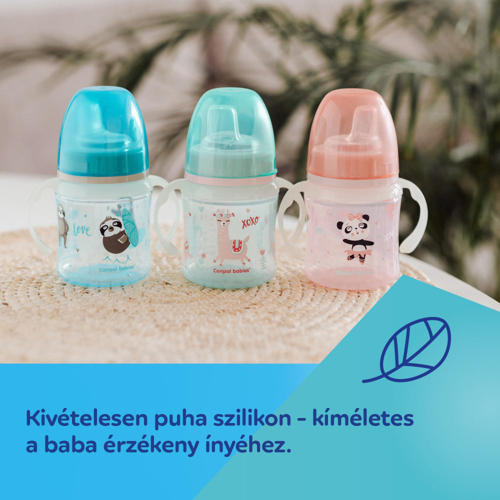 Canpol babies Szilikon ivócsőrős tanulópohár világító fogantyúval EXOTIC ANIMALS 240ml pink