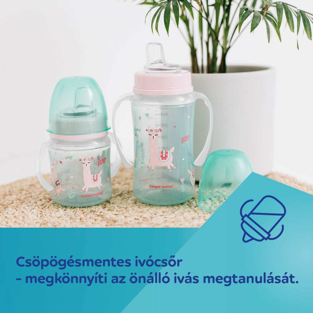 Canpol babies Szilikon ivócsőrős tanulópohár világító fogantyúval EXOTIC ANIMALS 240ml pink