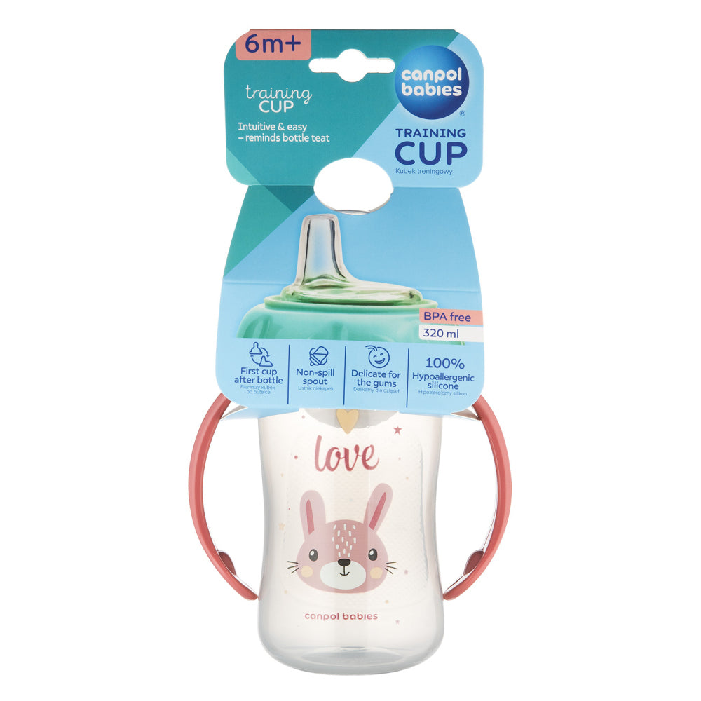Canpol babies Tanulópohár szilikon ivócsőrrel CUTE ANIMALS 320ml nyuszi