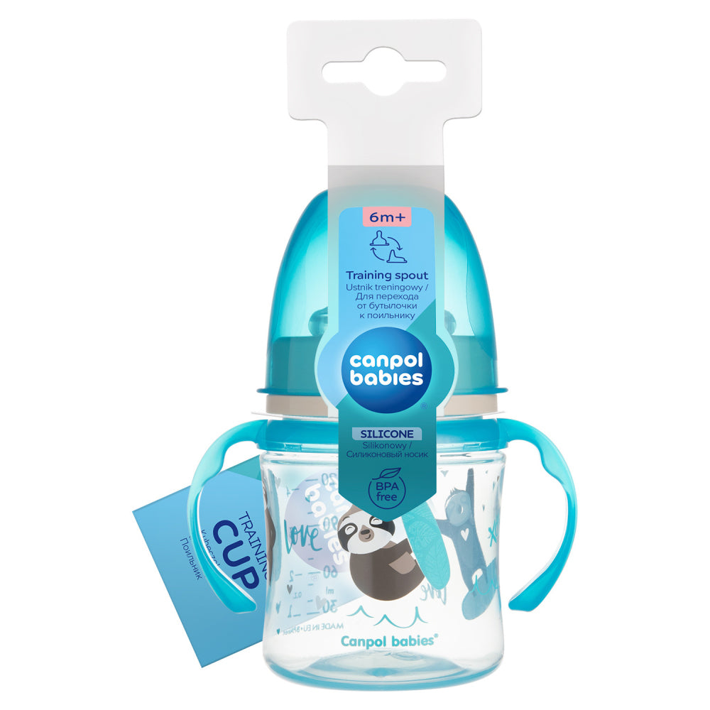 Canpol babies Szilikon ivócsőrős tanulópohár világító fogantyúval EXOTIC ANIMALS 120ml kék