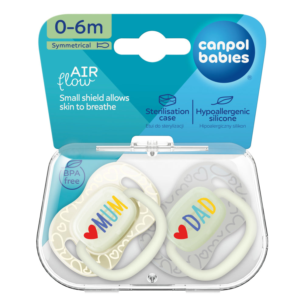Canpol babies Világító Szilikon szimmetrikus cumi LOVE MUM&DAD 0-6hó 2db