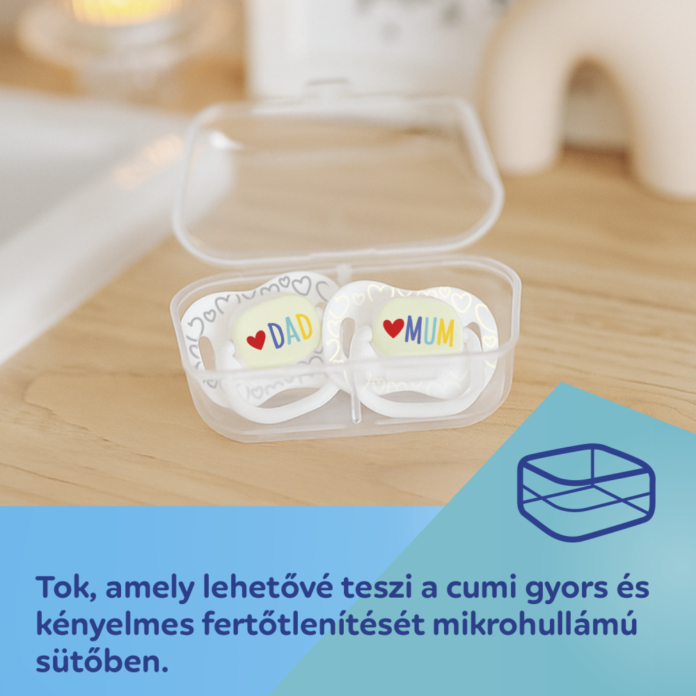 Canpol babies Világító Szilikon szimmetrikus cumi LOVE MUM&DAD 6-18hó 2db