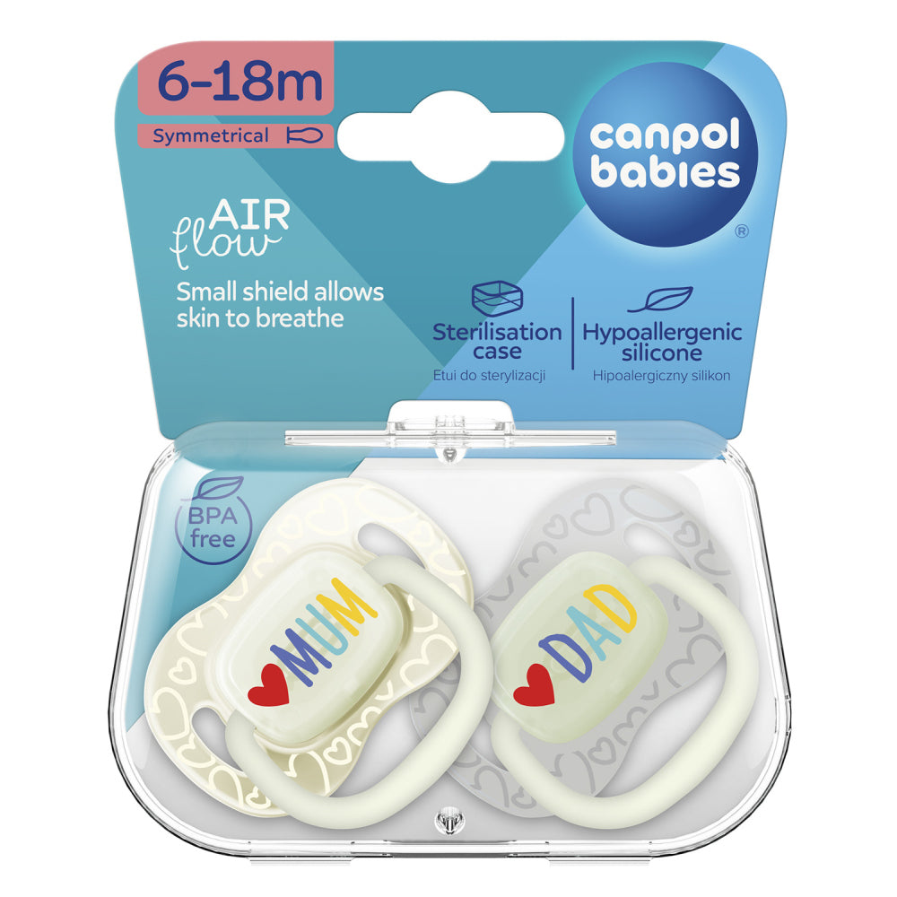 Canpol babies Világító Szilikon szimmetrikus cumi LOVE MUM&DAD 6-18hó 2db