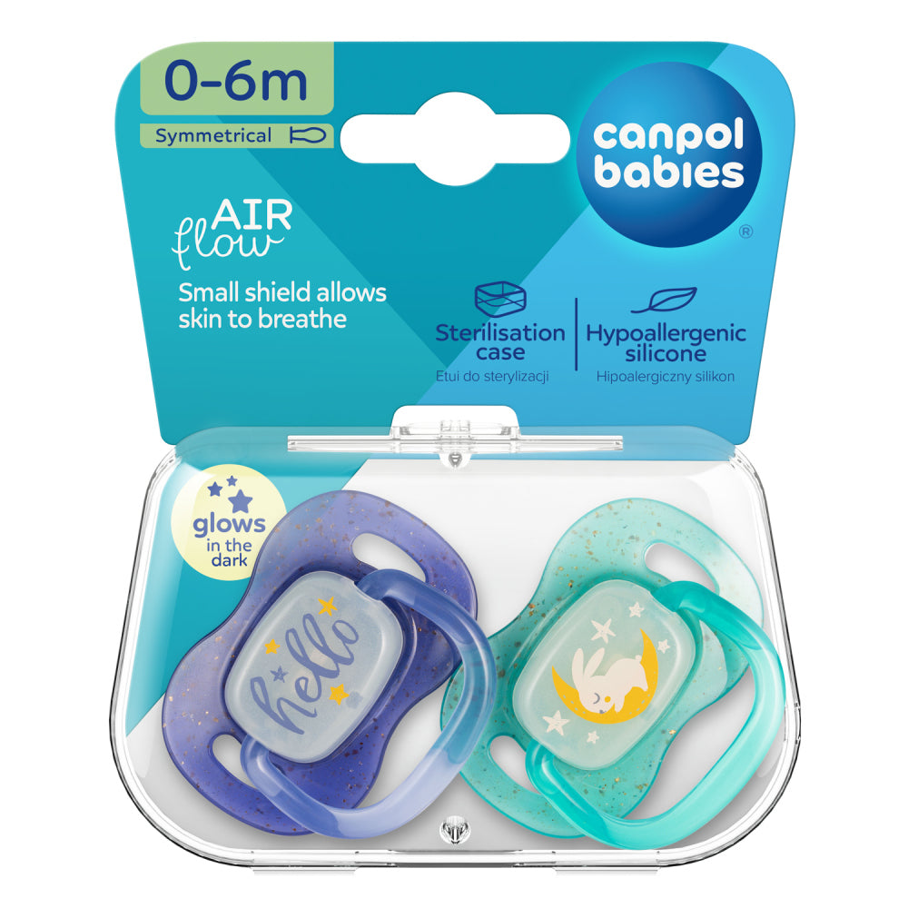 Canpol babies Világító Szilikon szimmetrikus cumi NIGHTGLOW 0-6hó 2db fiú