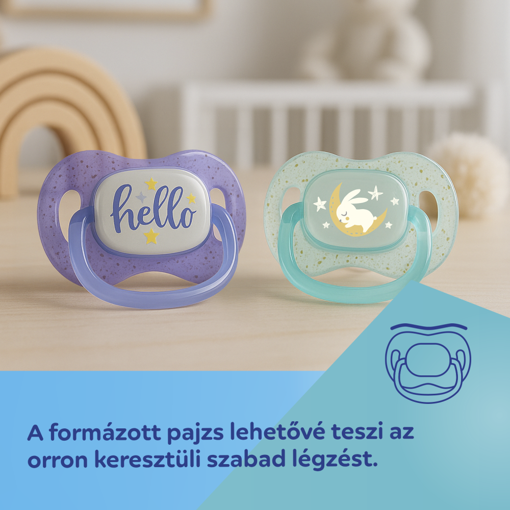 Canpol babies Világító Szilikon szimmetrikus cumi NIGHTGLOW 18hó+ 2db fiú