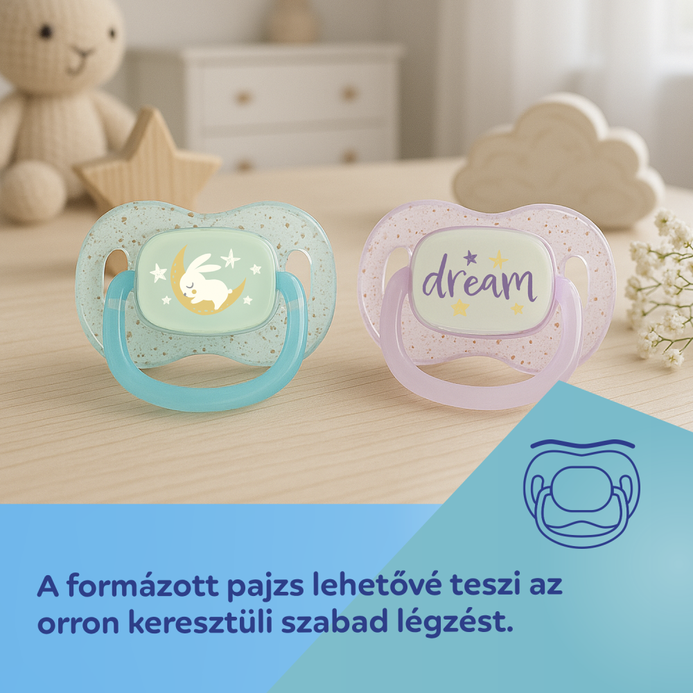 Canpol babies Világító szilikon szimmetrikus cumi NIGHTGLOW 6-18hó 2db lány