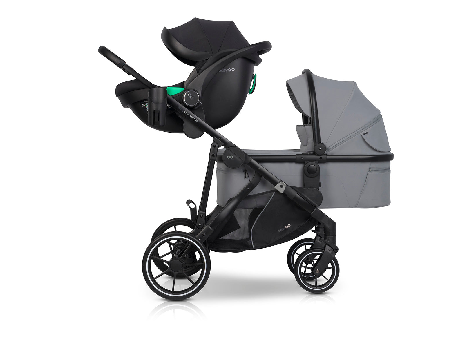 EasyGo Duoflex iker és testvér babakocsi 2 üléssel és 1 mózeskosárral – Cloudy Gray