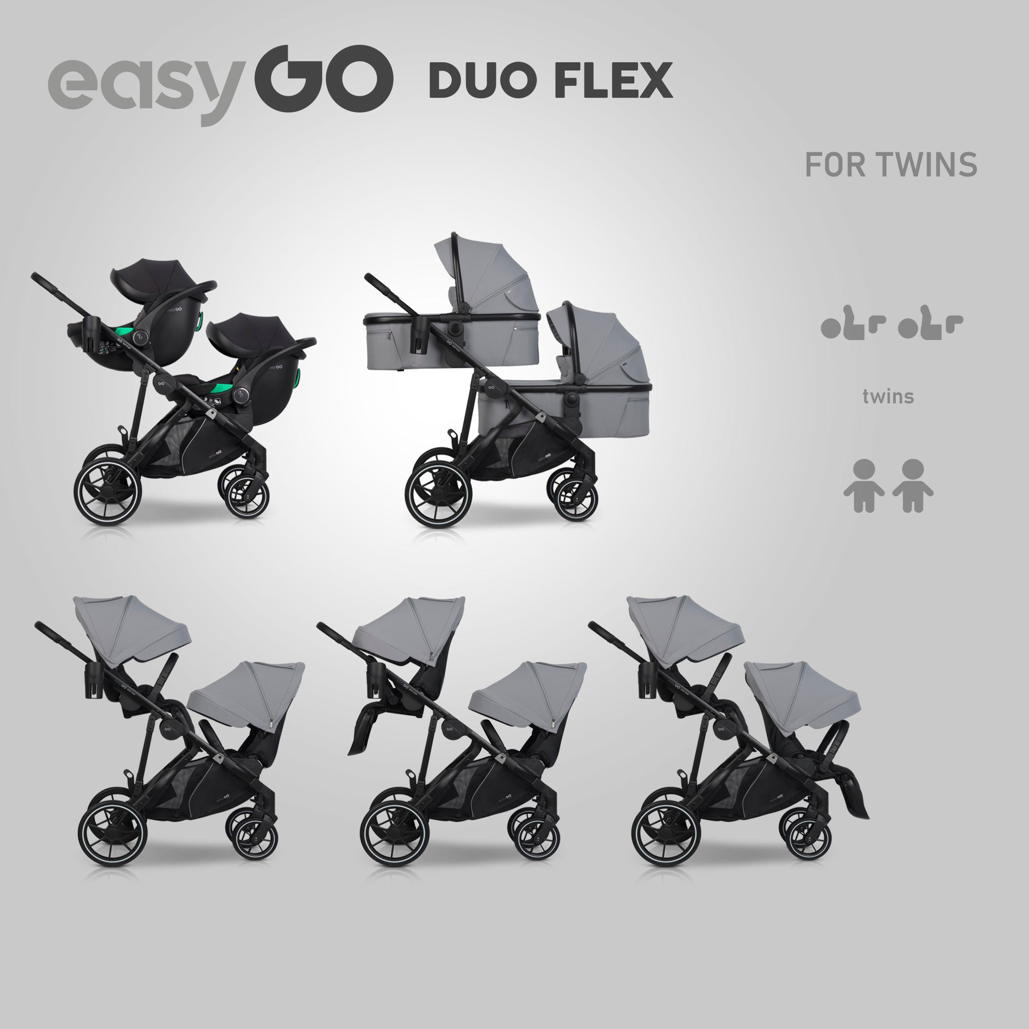 EasyGo Duoflex iker és testvér sport babakocsi 2 üléssel – Cloudy Gray