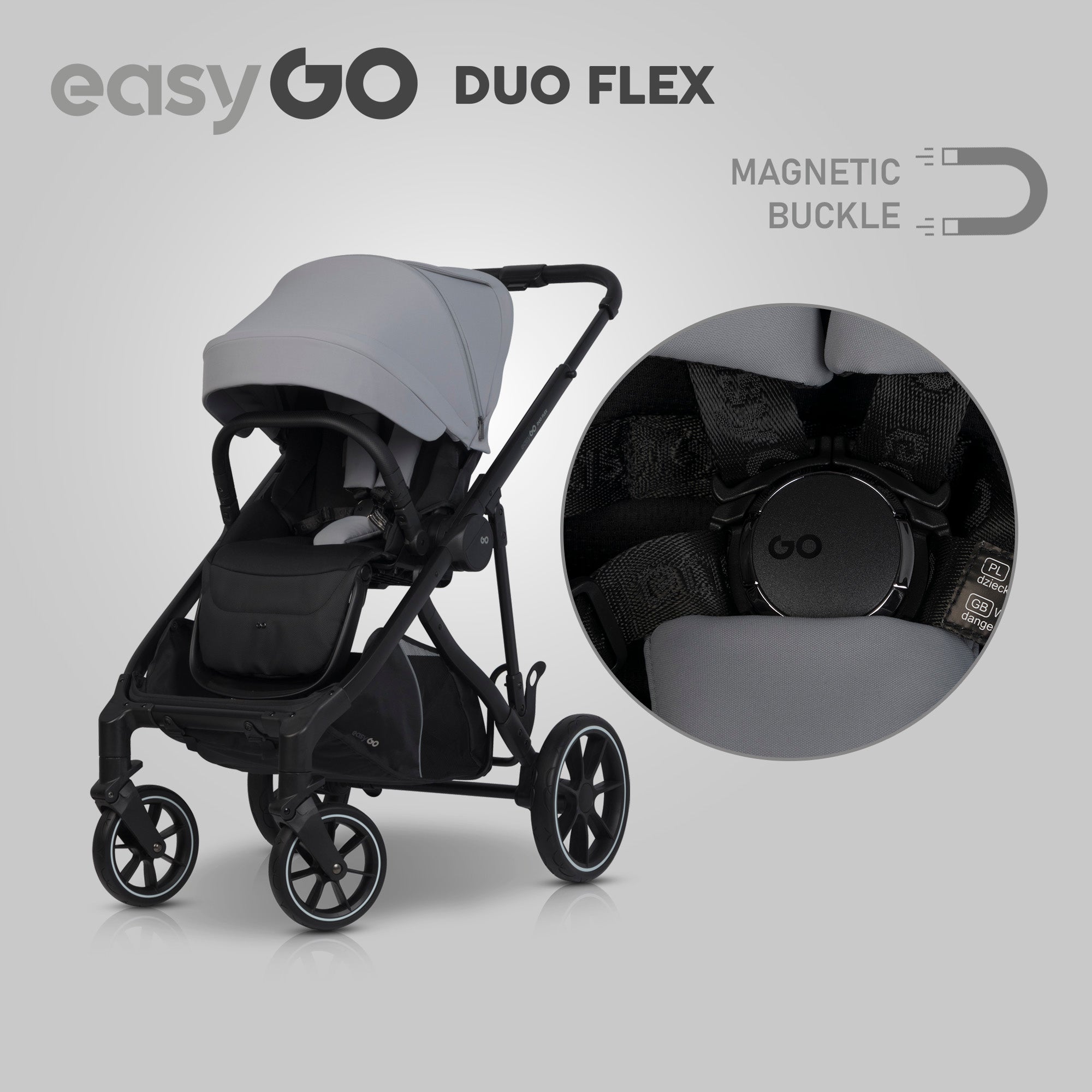 EasyGo Duoflex iker és testvér babakocsi 2 üléssel és 1 mózeskosárral – Cloudy Gray