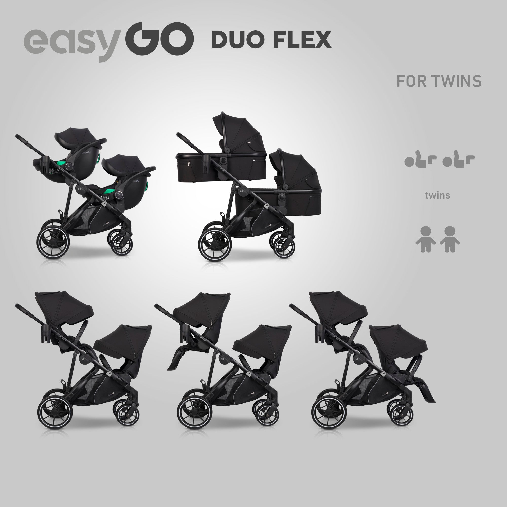 EasyGo Duoflex iker és testvér sport babakocsi 2 üléssel – Ebony Black