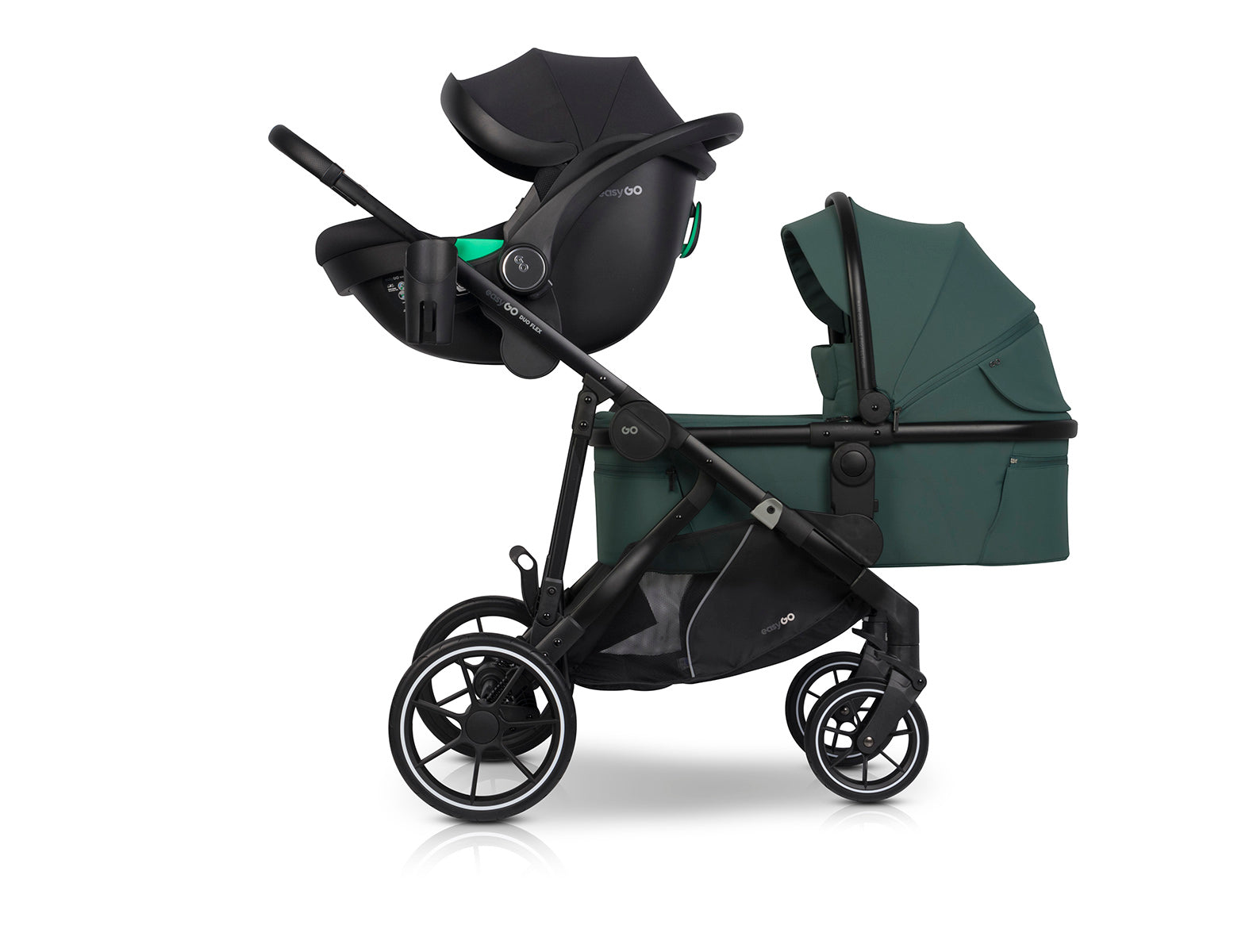 EasyGo Duoflex iker és testvér babakocsi 2 üléssel és 1 mózeskosárral – Sage Green