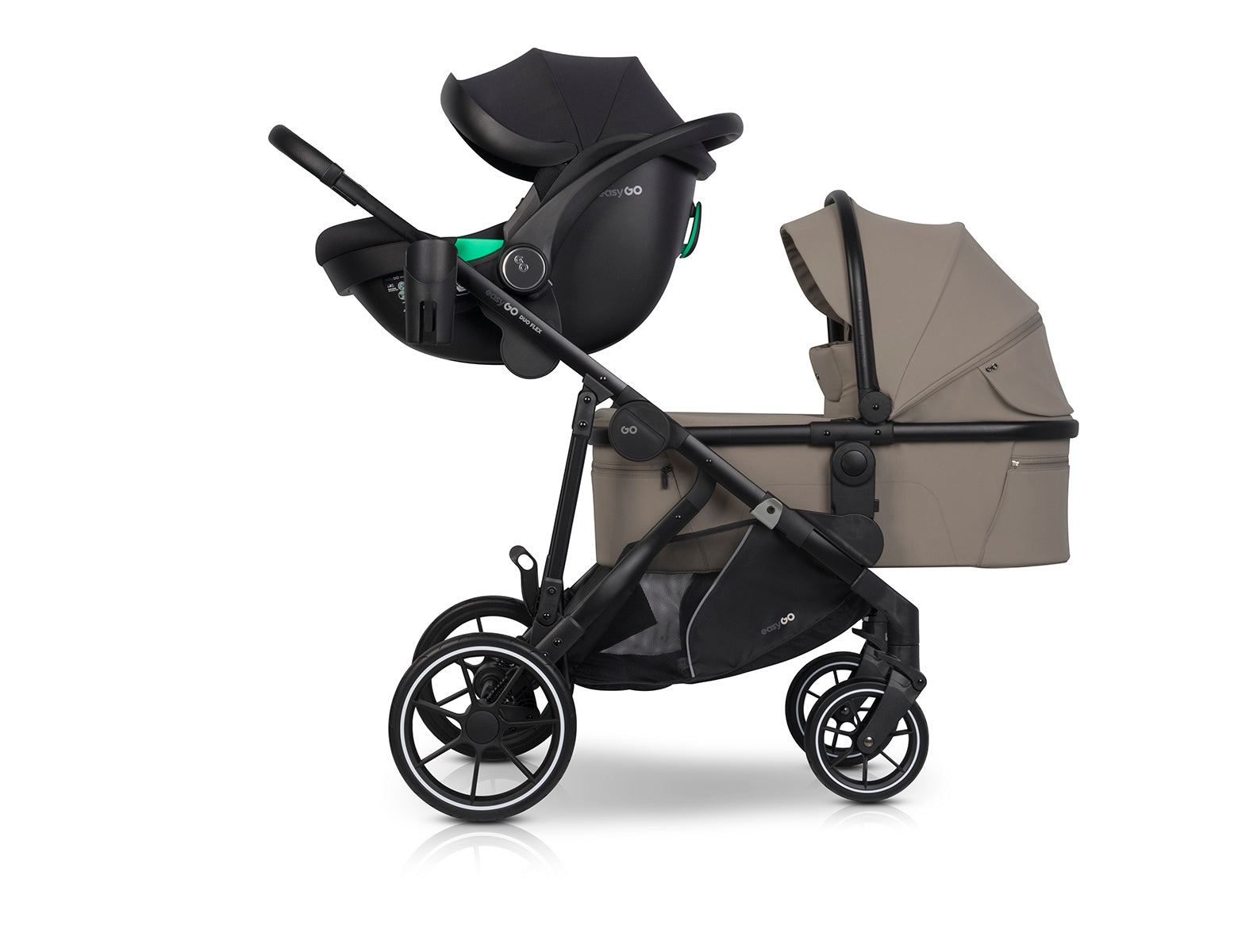 EasyGo Duoflex iker és testvér babakocsi 2 üléssel és 1 mózeskosárral – Savana Beige