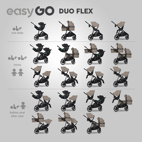 EasyGo Duoflex iker és testvér babakocsi 2 üléssel és 1 mózeskosárral – Savana Beige