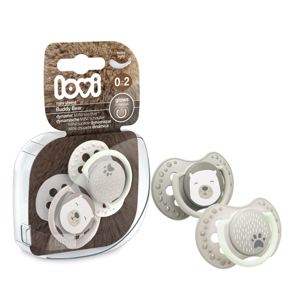 LOVI Világító mini szilikon dinamikus cumi BUDDY BEAR 0-2hó 2db
