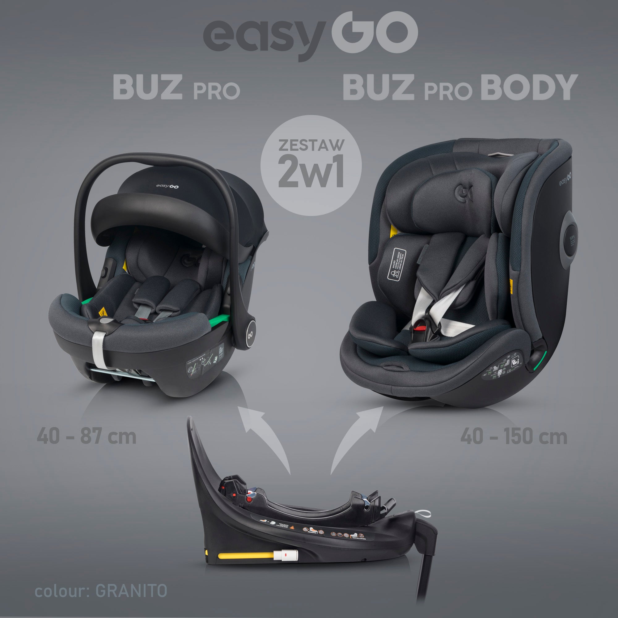 EasyGo Buz Pro + Buz Pro Body 2in1 autósülés szett ISOFIX bázissal – Granito