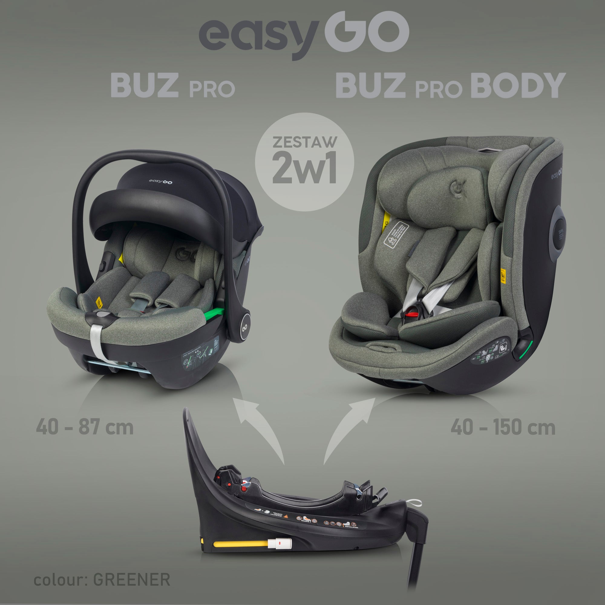EasyGo Buz Pro + Buz Pro Body 2in1 autósülés szett ISOFIX bázissal – Greener